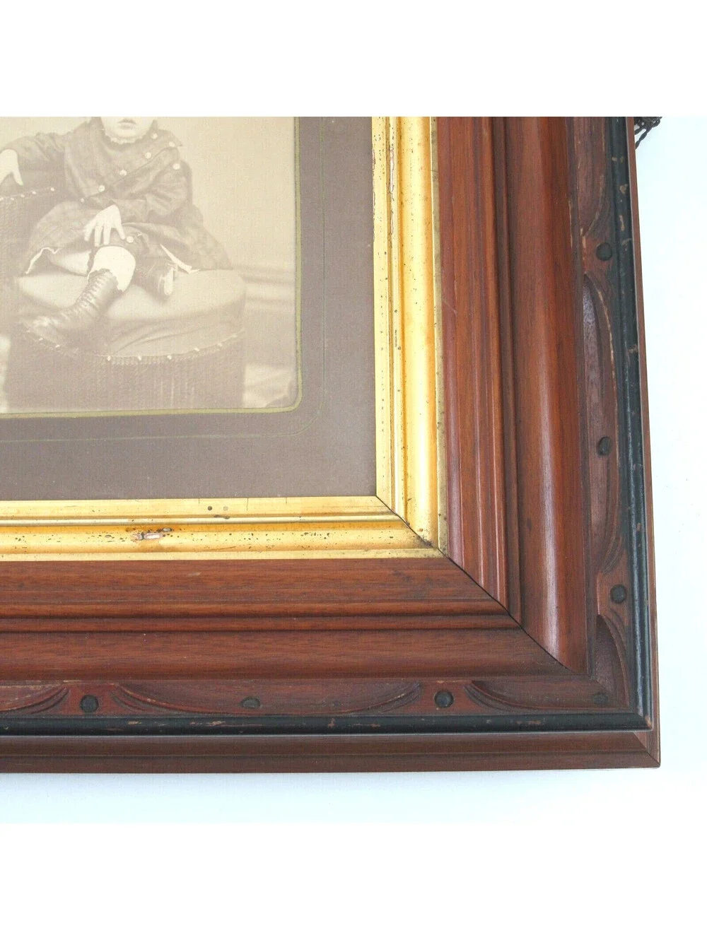 Antique Victorian Deep Picture Frame Carved Wood Gold Gilt Child Photo Glass 16